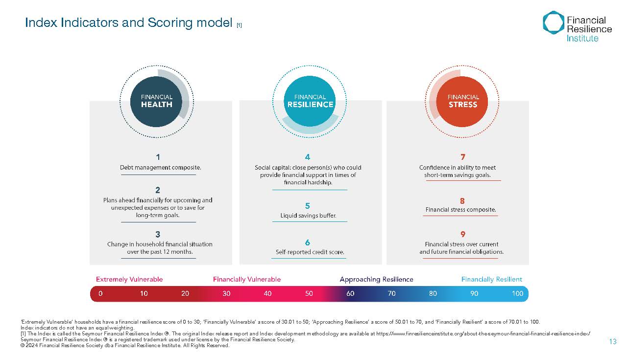 Diagram of nine index indicators grouped under Financial Health, Resilience, and Stress