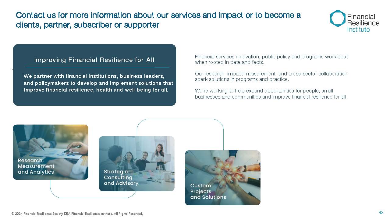 Contact information for research, strategic consulting, and custom financial resilience solutions